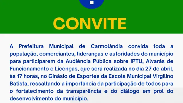 Audiência Pública em Carmolândia debaterá IPTU, Alvarás e Licenças com a participação da comunidade